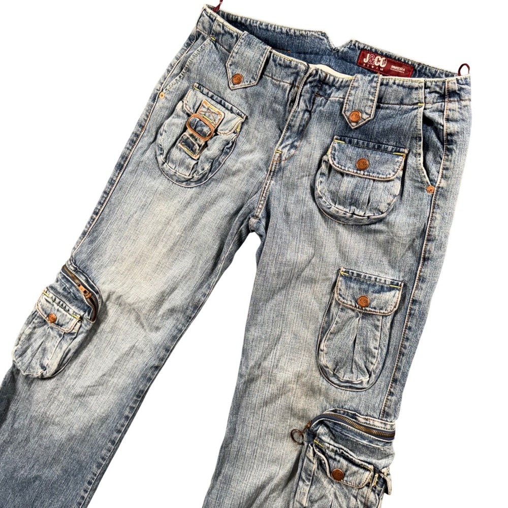 VTG J&Co Mens Denim Y2K Cargo Patch Pocket Jean Light Wash Skater Wide Leg 32x32